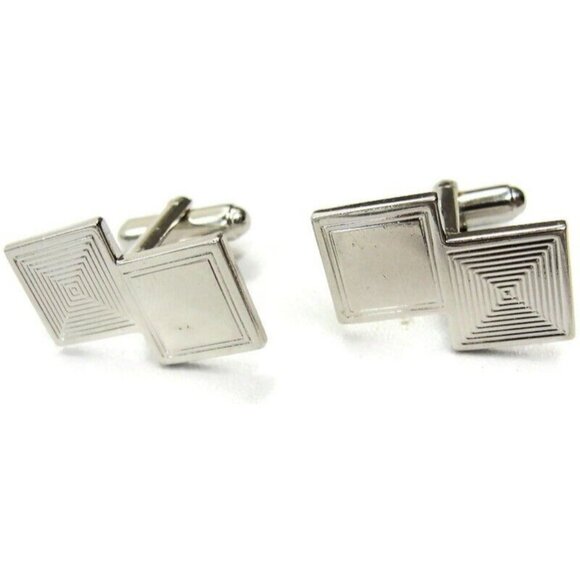 Double Square Cufflinks Smooth Lined Silver Tone Tux Shirt Dress Suit Vintage - Picture 5 of 9